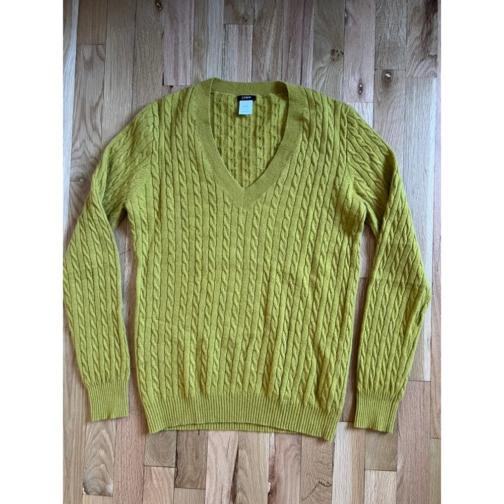J. Crew Cashmere Wool Cable Knit V-neck Yellow Mustard Sweater Holiday (size L)